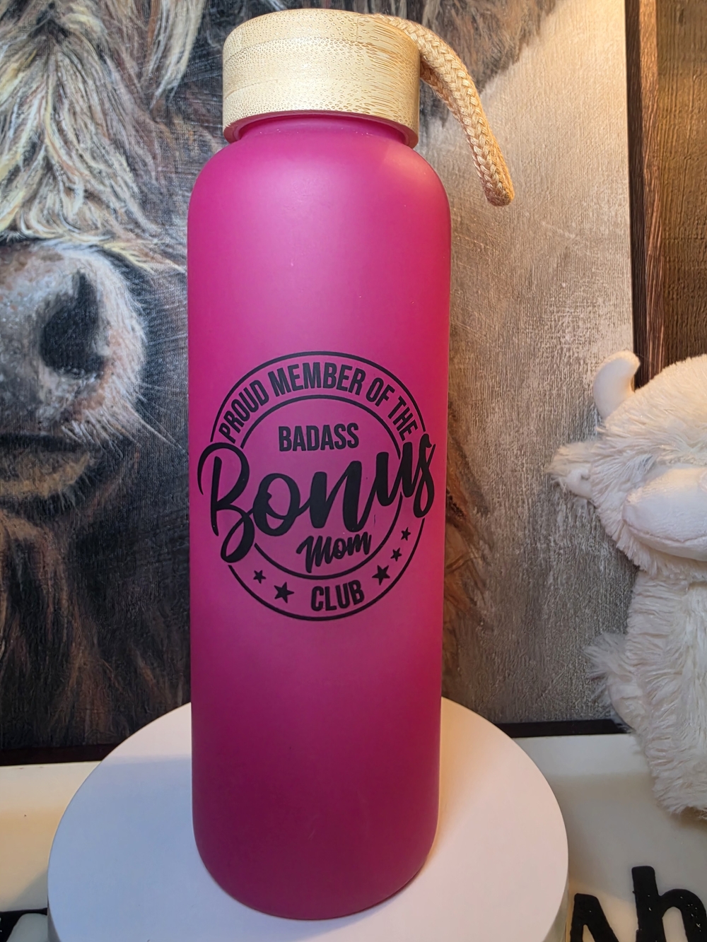Badass Bonus Mom Club Pink Glass Water Bottle